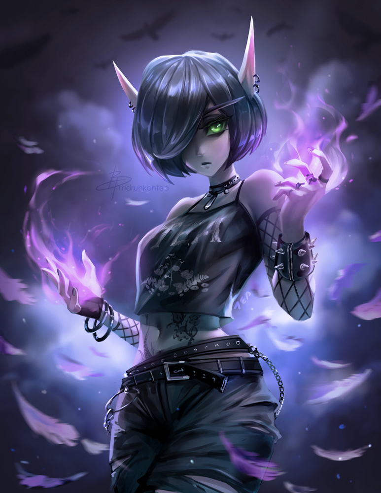 1girl, avatar_(wow), belt, black_hair, bracelet, camisole, choker, detached_sleeves, earrings, elf, fingerless_gloves, fishnet_sleeves, gloves, gothic, green_eyes, imdrunkontea, jewelry, long_eyebrows, midriff, navel, night_elf_(warcraft), pale_skin, pants, pointy_ears, short_hair, single_fingerless_glove, solo, spiked_bracelet, spikes, stomach_tattoo, tattoo, torn_clothes, torn_pants, warcraft, world_of_warcraft