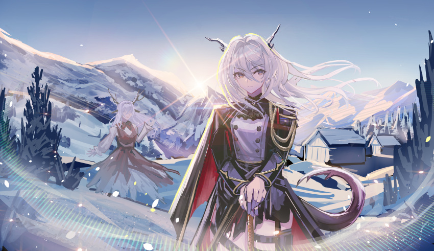 2girls, absurdres, alina_(arknights), animal_ears, arknights, ascot, bangs, black_ascot, black_capelet, black_dress, black_neckerchief, black_shirt, blue_sky, building, buttons, capelet, deer_antlers, deer_ears, deer_girl, dragon_girl, dragon_horns, dragon_tail, dress, grey_hair, hair_between_eyes, hair_intakes, highres, horns, lens_flare, locked_boy, long_bangs, long_hair, long_sleeves, looking_at_viewer, morning, mountain, mountainous_horizon, multiple_girls, neckerchief, official_alternate_costume, outdoors, pinafore_dress, red_eyes, scenery, shirt, sky, snow, sun, sunrise, tail, talulah_(arknights), talulah_the_fighter_(arknights), thigh_pouch, two-tone_shirt, v-shaped_eyebrows, white_shirt, winter