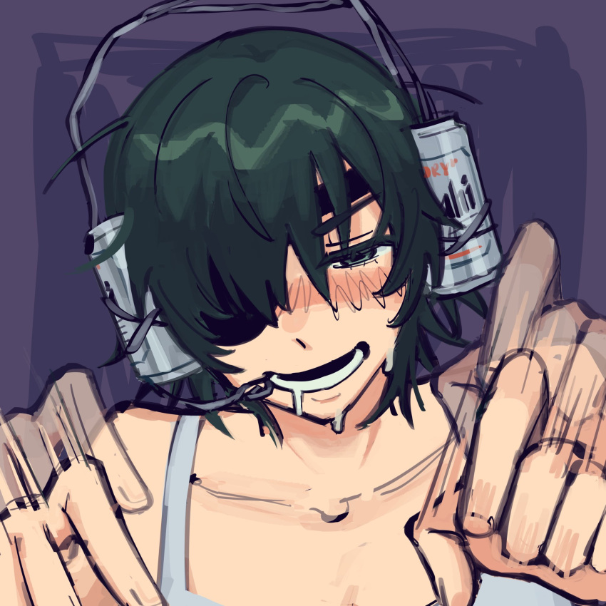 1girl, bangs, bare_shoulders, beer_can, black_hair, can, chainsaw_man, drooling