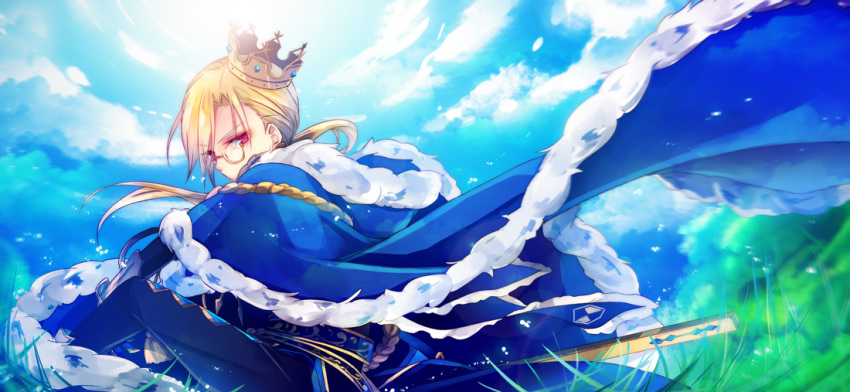 1boy, aiguillette, belt, black_pants, blonde_hair, blue_belt, blue_cape, cape, clouds, covered_mouth, crown, curtained_hair, day, feet_out_of_frame, from_side, fugou_arthur, fur-trimmed_cape, fur_trim, grass, kai-ri-sei_million_arthur, kirisame_(akitowtk), long_hair, looking_at_viewer, looking_to_the_side, low_ponytail, male_focus, million_arthur_(series), monocle, on_ground, pants, red_eyes, sitting, solo, tilted_headwear, wind