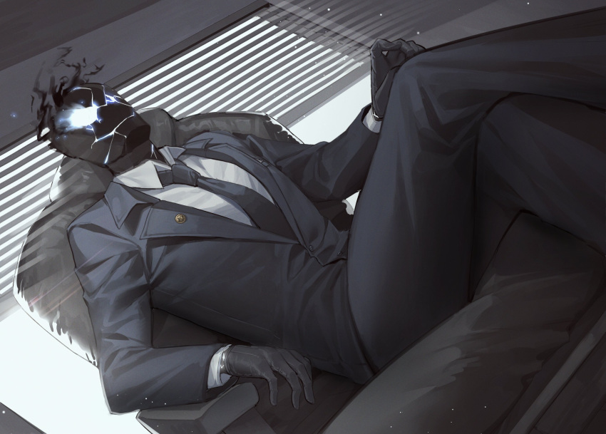 black_gloves, black_necktie, black_pants, black_suit, black_suit_(blue_archive), blinds, blue_archive, business_suit