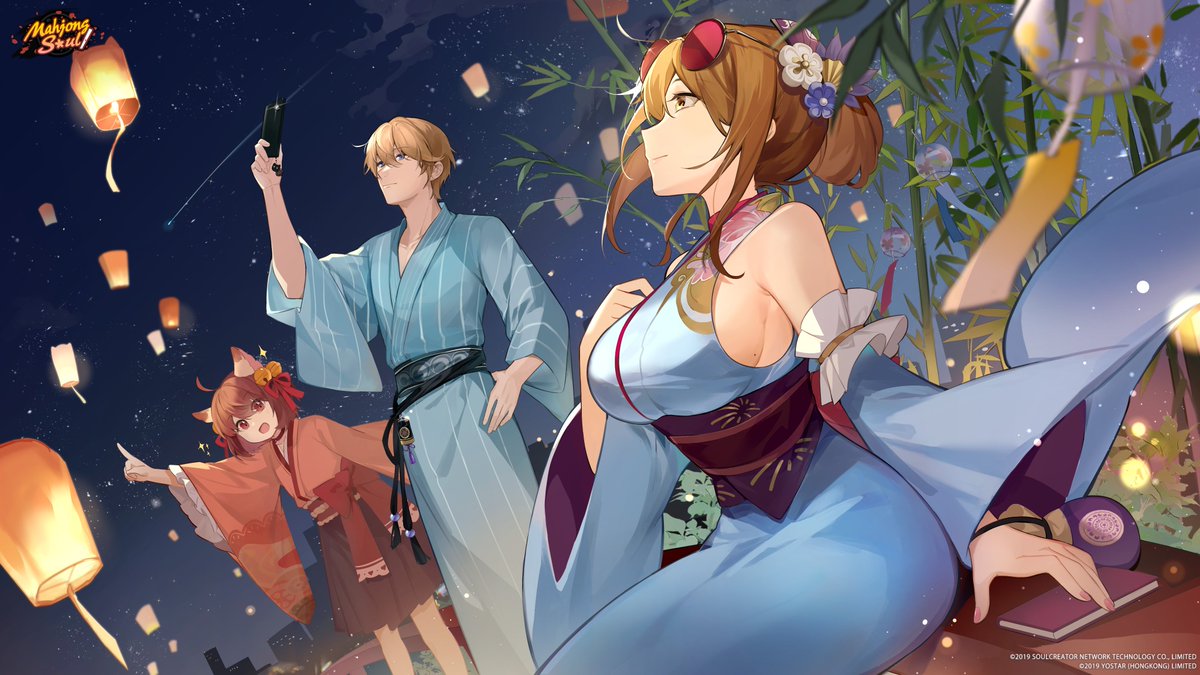 1boy, 2girls, akechi_hideki, animal_ears, artist_request, bamboo, bell, blonde_hair