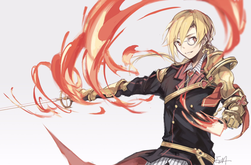1boy, armor, black_jacket, blonde_hair, bolo_tie, earrings, erm_(doubledream), fire, fugou_arthur, gauntlets, hair_between_eyes, heart, highres, holding, holding_sword, holding_weapon, jacket, jewelry, kai-ri-sei_million_arthur, lapels, long_hair, looking_at_viewer, low_ponytail, male_focus, million_arthur_(series), monocle, notched_lapels, outstretched_arm, parted_lips, red_eyes, shirt, shoulder_armor, signature, simple_background, smile, solo, striped, striped_shirt, sword, tailcoat, untucked_shirt, upper_body, vertical-striped_shirt, vertical_stripes, weapon, white_background, white_shirt, yellow_belt