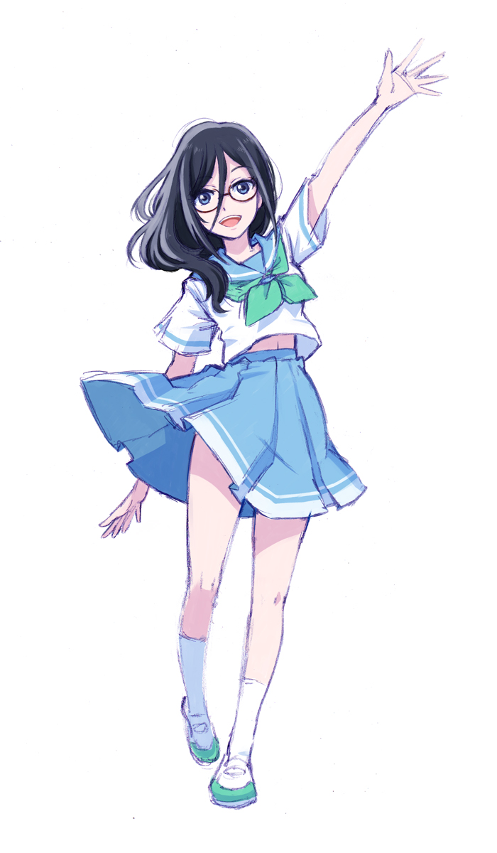 1girl, arm_up, bangs, black_hair, blue_eyes, blue_sailor_collar, blue_skirt, blush