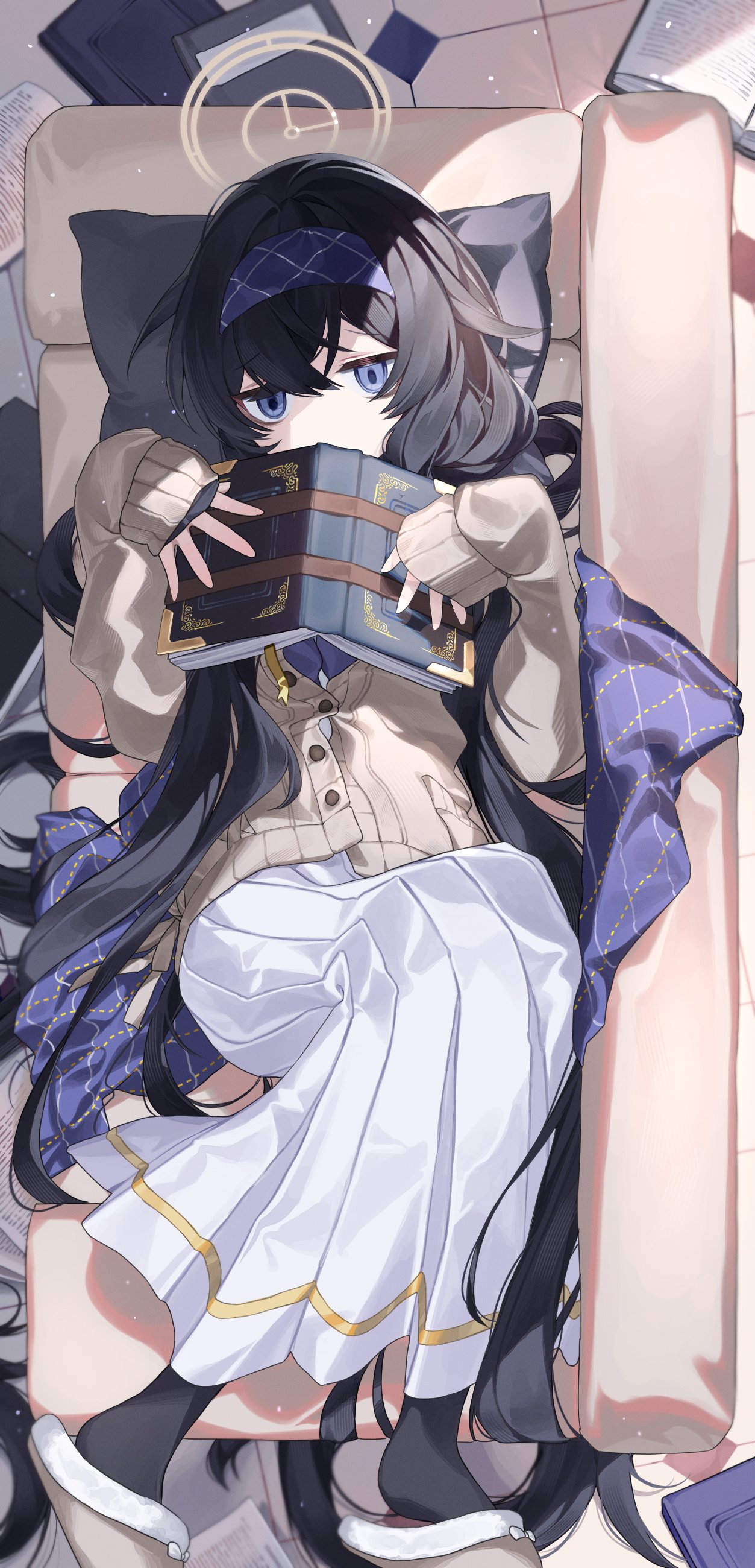 1girl, absurdres, bangs, black_hair, black_socks, blue_archive, blue_eyes, blue_hairband