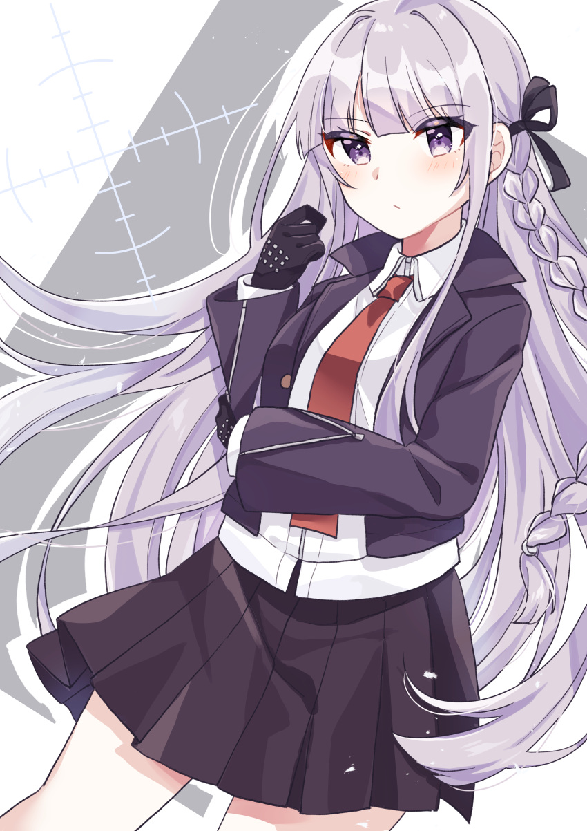 1girl, absurdres, bangs, black_gloves, black_jacket, black_ribbon, black_skirt, braid