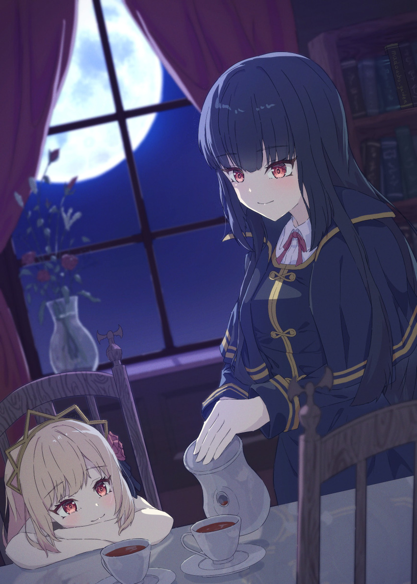 absurdres, atre, black_hair, blonde_hair, blush, book, bookshelf, chair