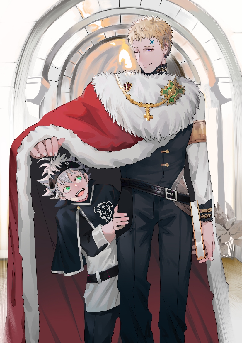 2boys, asta_(black_clover), black_bull_(emblem), black_clover, black_headband, blonde_hair, doufujintianxianle, facial_mark