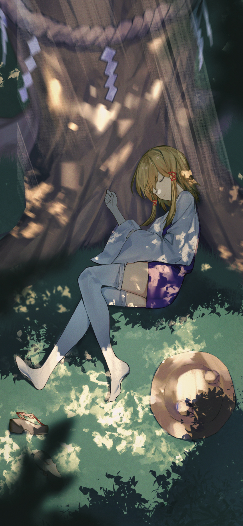 1girl, absurdres, black_footwear, blonde_hair, brown_headwear, closed_eyes, facing_to_the_side, full_body