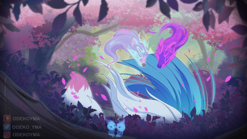 1boy, 1girl, fox_tail, ghost, green_hair, grin, hetero, kodama, league_of_legends, long_hair, nature, odeko_yma, outdoors, petals, sett_(league_of_legends), smile, soraka_(league_of_legends), spirit_blossom_sett, spirit_blossom_soraka, tail, tree, watermark, white_hair
