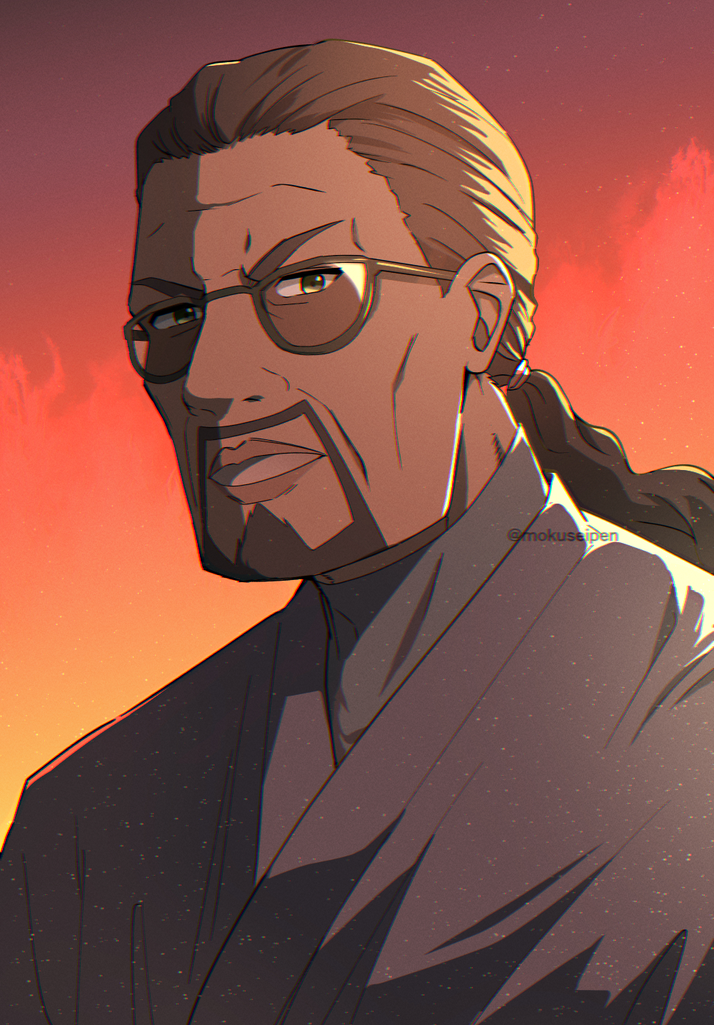 1boy, artist_name, beard, brown_hair, dark-skinned_male, dark_skin, facial_hair, glasses