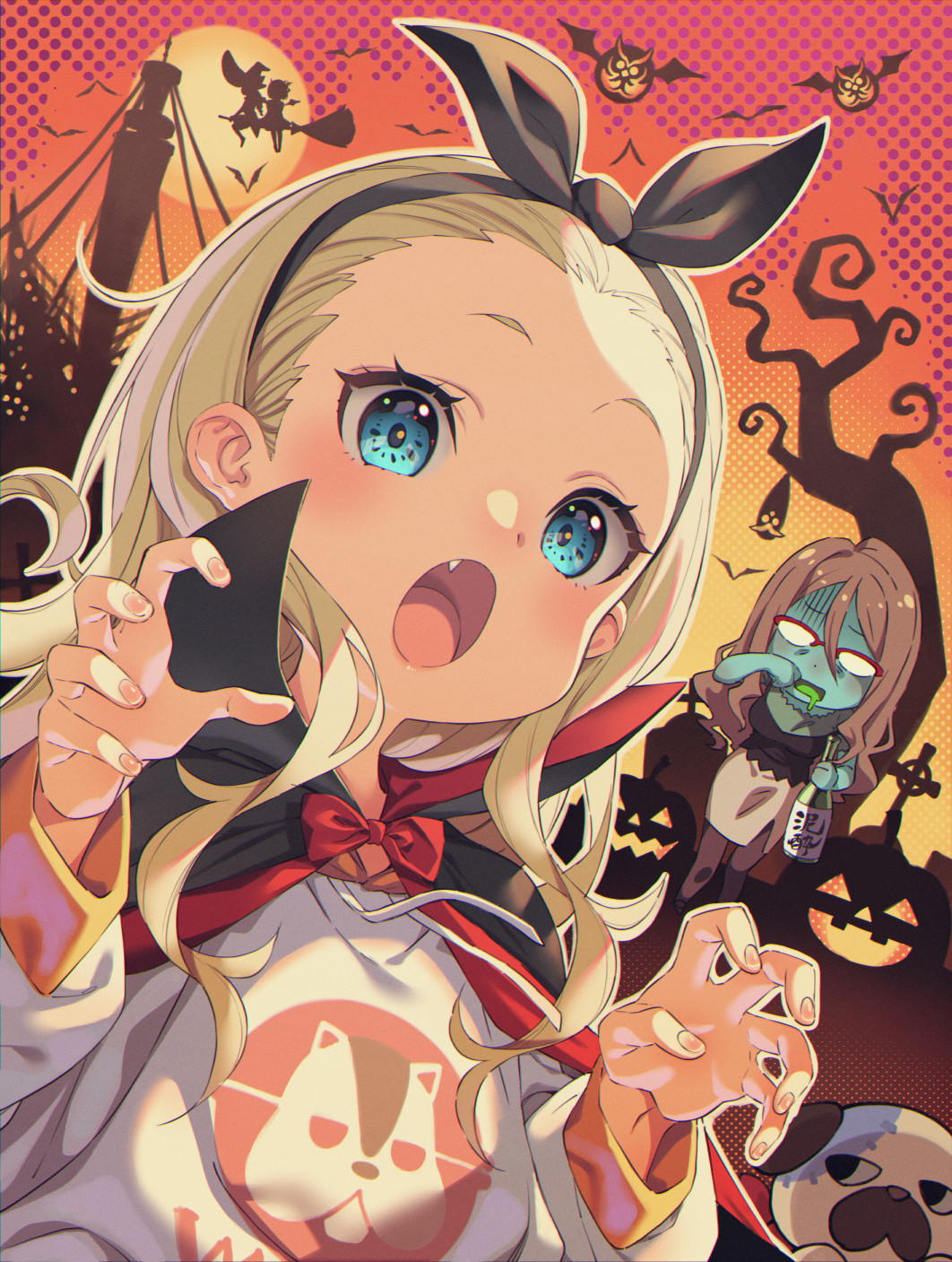 2girls, bat_(animal), black_cape, black_hairband, black_pantyhose, black_shirt, blonde_hair, blue_eyes