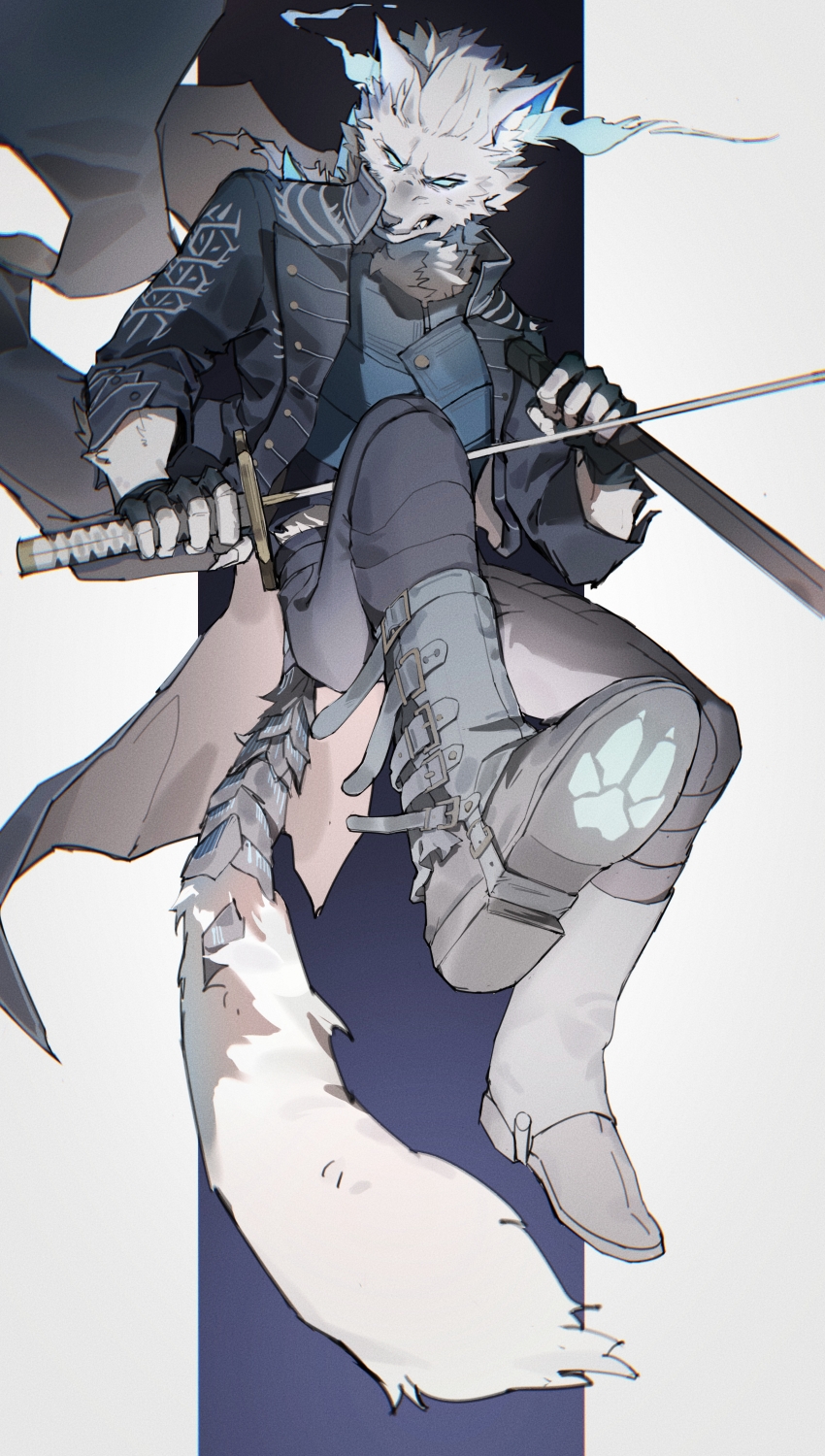 1boy, animal_ears, boots, devil_may_cry_(series), english_commentary, fangs, fingerless_gloves, furrification, furry, furry_male, gloves, glowing, glowing_eyes, highres, holding, holding_sheath, holding_sword, holding_weapon, jacket, katana, looking_away, male_focus, open_clothes, open_jacket, paw_print, sheath, simple_background, sword, vergil_(devil_may_cry), virgil_(masterwork_apocalypse), warth_satan, weapon, wolf_boy
