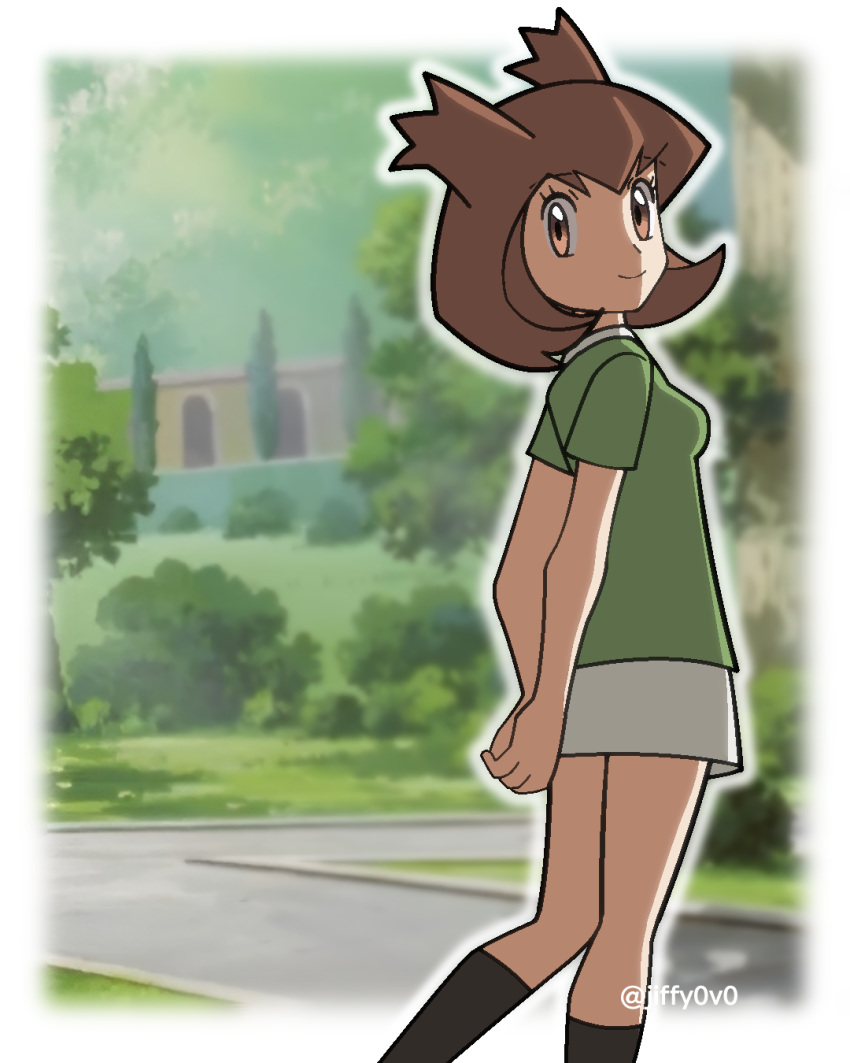 1girl, bangs, bianca_(pokemon_heroes), brown_eyes, brown_hair, closed_mouth, collared_shirt, green_shirt