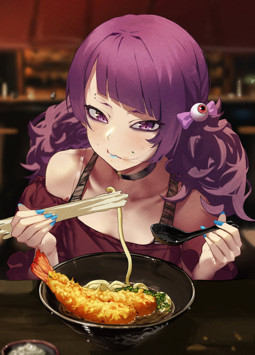 1girl, absurdres, ai_drawing_anime_characters_eating_ramen_(meme), blue_lips, blue_nails, blurry, blurry_background, bowl