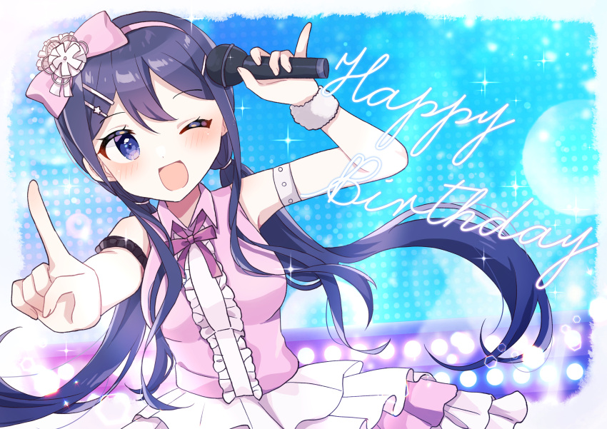 1girl, :d, absurdres, alternate_costume, bangs, bare_shoulders, blue_hair, blush