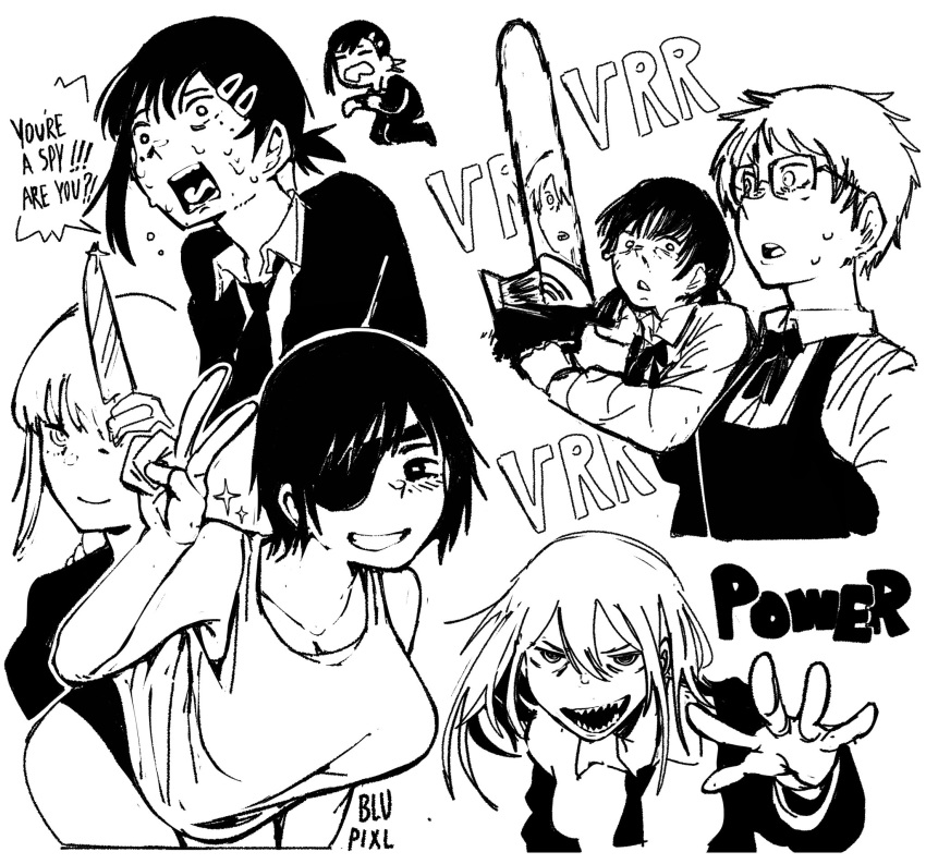 1boy, 6+girls, artist_name, ass, bangs, black_hair, blupixl, breasts