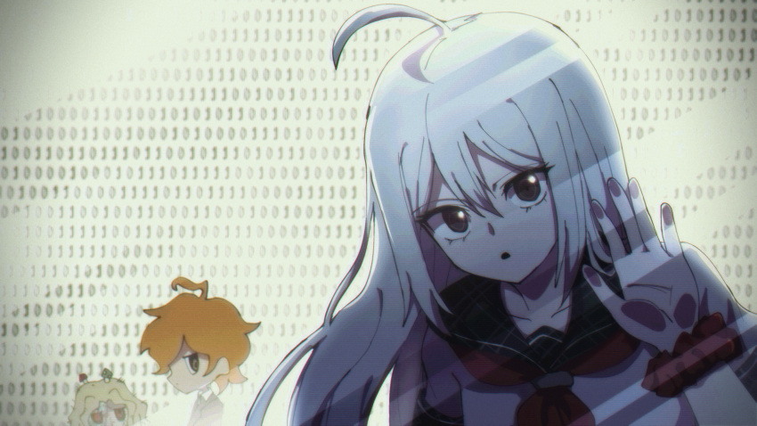 1girl, 2boys, absurdres, ahoge, atoymk, binary, black_eyes, black_sailor_collar, blonde_hair, danganronpa_(series), highres, long_hair, maeda_yuki, multiple_boys, mushroom, mushroom_on_head, neckerchief, open_mouth, orange_hair, phone_screen, red_eyes, red_neckerchief, sailor_collar, sailor_shirt, sannoji_mikado, school_uniform, serafuku, shirt, short_hair, sora_(super_danganronpa_another_2), super_danganronpa_another_2, white_hair, white_shirt
