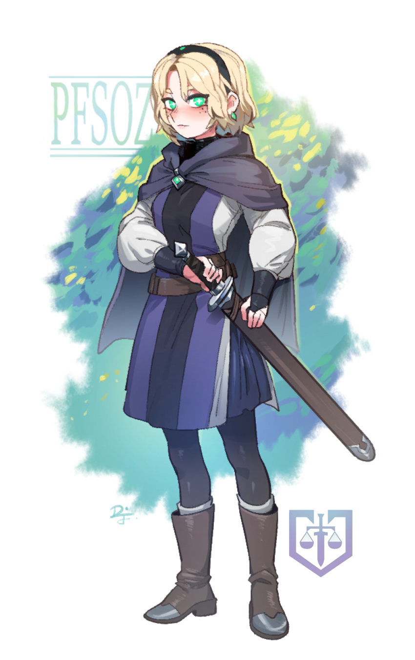 +_+, 1girl, black_pantyhose, blonde_hair, brown_footwear, cape, difman, earrings