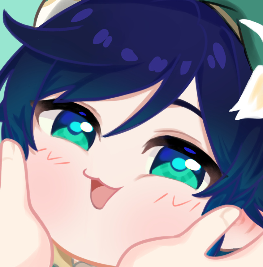 1boy, :3, black_hair, blush, close-up, english_commentary, genshin_impact, green_background