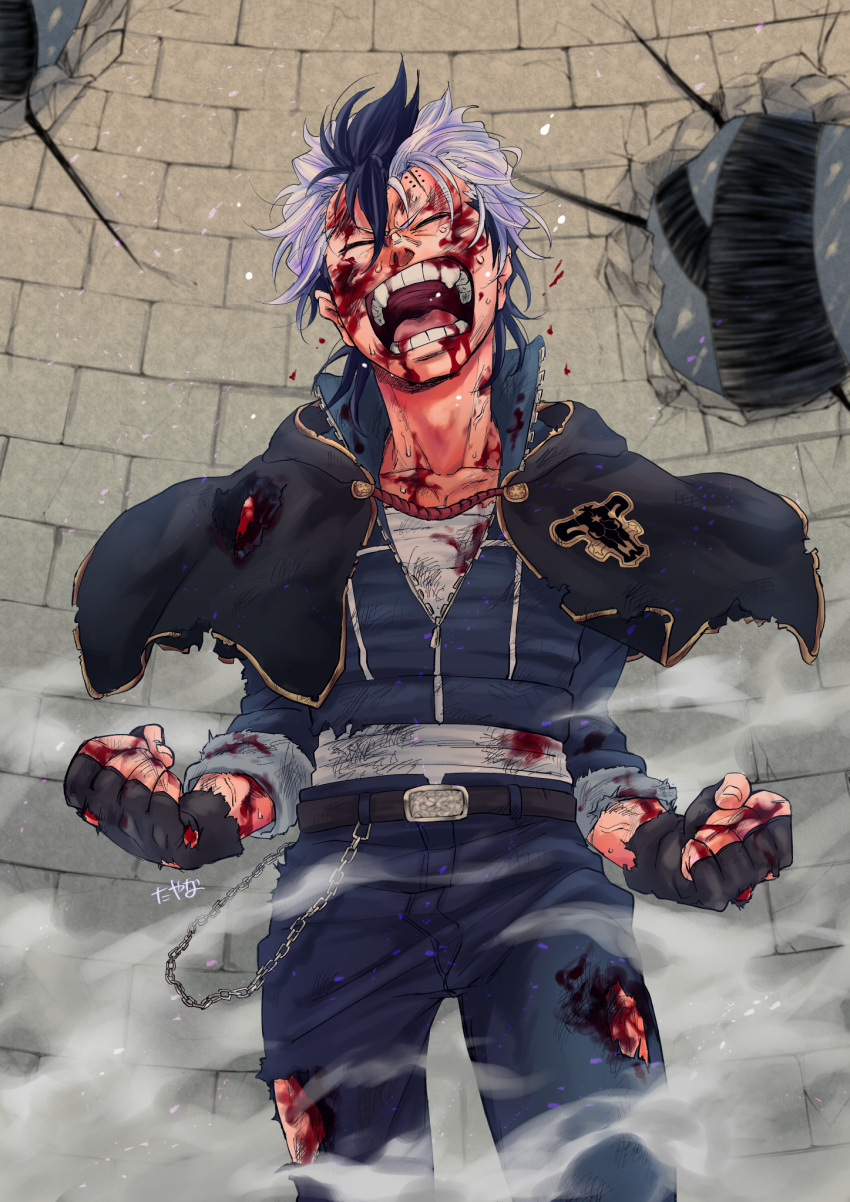 1boy, bay_tyn, black_bull_(emblem), black_capelet, black_clover, black_hair, blood, blood_from_mouth