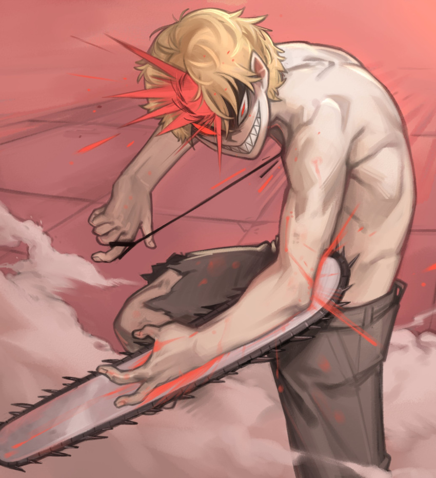 1boy, blonde_hair, blood, blood_on_hands, blood_splatter, blood_spray, chainsaw, chainsaw_man