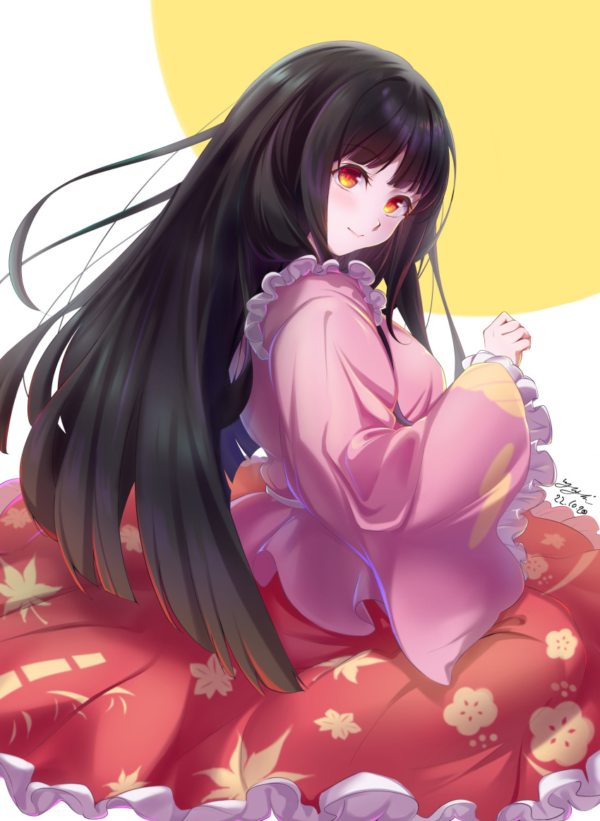 1girl, absurdres, artist_name, autumn_leaves, back, bamboo_print, bangs, belt
