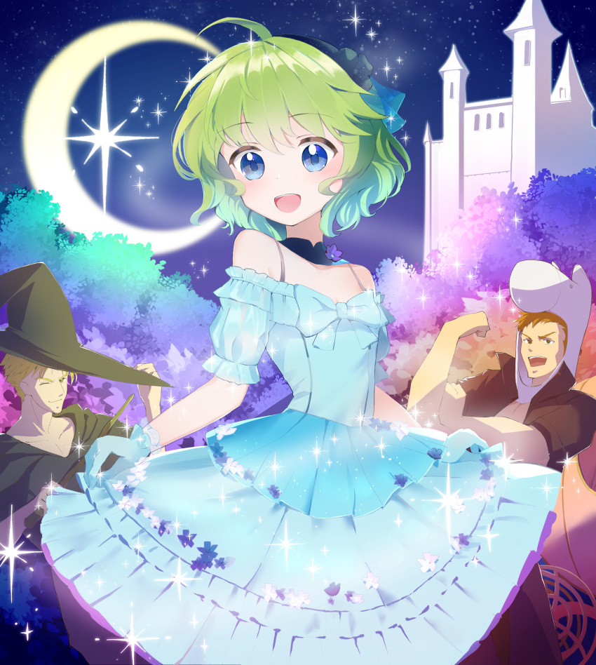 1girl, 2boys, :d, absurdres, alternate_costume, bare_shoulders, black_headwear, blonde_hair, blue_dress, blue_eyes, blue_gloves, bow, carriage, castle, cinderella, cowboy_shot, crescent_moon, disney, dress, fire_emblem, fire_emblem:_the_blazing_blade, fire_emblem_heroes, gloves, green_hair, hairband, highres, intelligent_systems, kwz_ini, linus_(fire_emblem), lloyd_(fire_emblem), moon, multiple_boys, night, night_sky, nino_(fire_emblem), nintendo, open_mouth, orange_hair, outdoors, short_hair, short_sleeves, skirt_hold, sky, smile, solo_focus, star_(sky), starry_sky