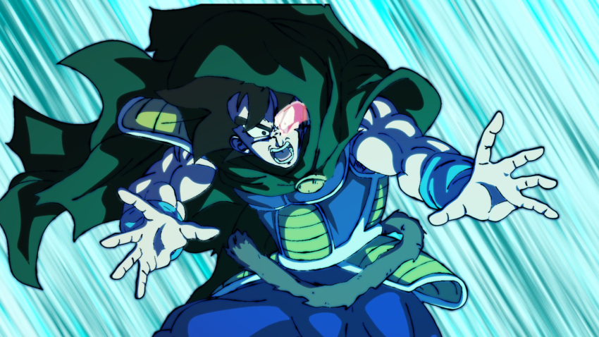 1boy, armor, bardock, black_hair, black_robe, blue_background, blue_pants, blue_wristband