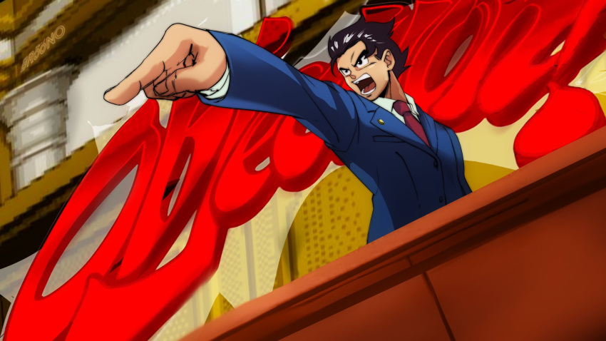 1boy, ace_attorney, artist_name, badge, black_hair, blue_jacket, broonoart, collared_shirt