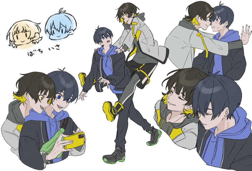 2boys, bachira_meguru, bag, bangs, black_footwear, black_hair, black_pants, blonde_hair