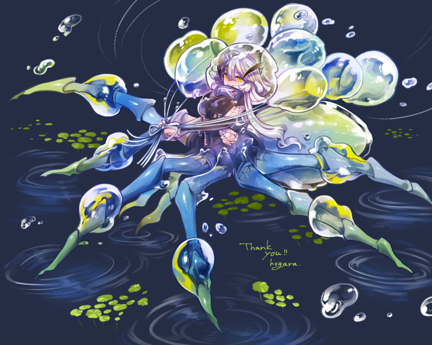 1girl, arachne, arthropod_girl, breasts, bubble, carapace, commentary_request, commission, diving_mask_around_neck, english_text, hogara, lily_pad, looking_at_viewer, medium_breasts, monster_girl, original, pink_hair, silk, skeb_commission, solo, spider_girl, taur, walking, walking_on_liquid, water, yellow_eyes