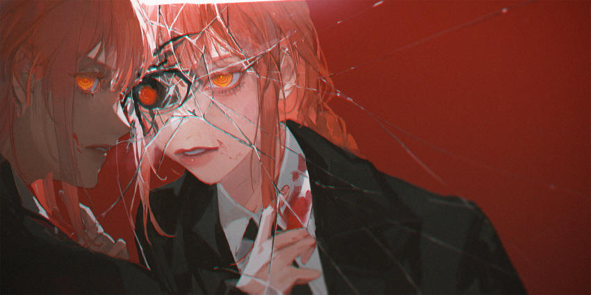 2girls, black_jacket, black_necktie, blood, blood_on_clothes, blood_on_face, braid, braided_ponytail, broken_mirror, chainsaw_man, collared_shirt, crack, cracked_glass, different_reflection, dual_persona, eyeball, film_grain, highres, jacket, looking_at_another, looking_at_viewer, looking_back, makima_(chainsaw_man), medium_hair, mirror, multiple_girls, necktie, orange_eyes, parted_lips, portrait, red_background, redhead, reflection, ringed_eyes, shirt, sidelocks, single_braid, susukino, white_shirt