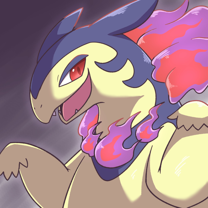 :d, commentary_request, fangs, fire, grey_background, hands_up, highres, hisuian_typhlosion, no_humans, open_mouth, pokemon, pokemon_(creature), purple_fire, red_eyes, smile, solo, upper_body, yoshio_(yoshi00000091)