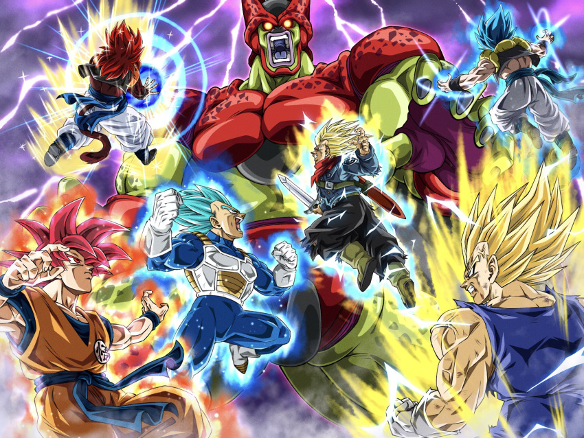 6+boys, armor, aura, baggy_pants, big_bang_kamehameha, black_footwear, black_pants, black_wristband