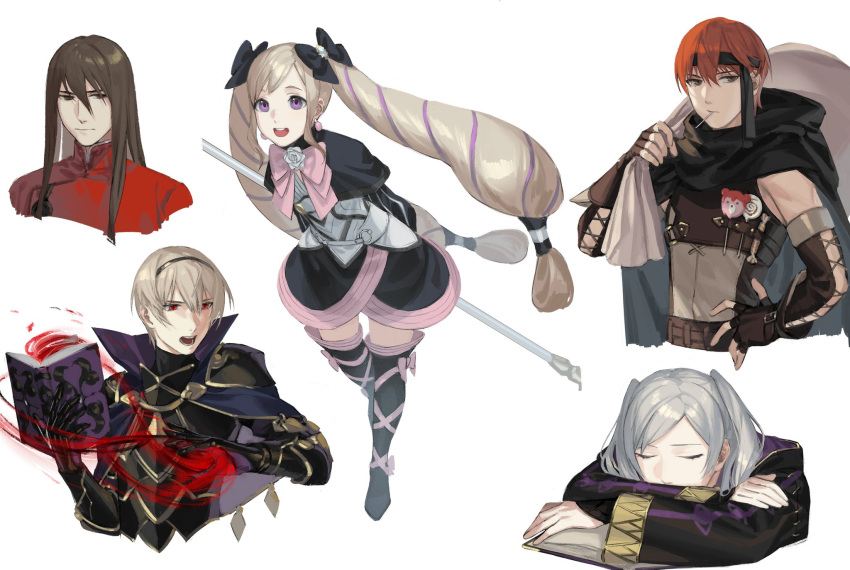 2girls, 3boys, :d, armor, bag, black_footwear, black_gloves, black_hair