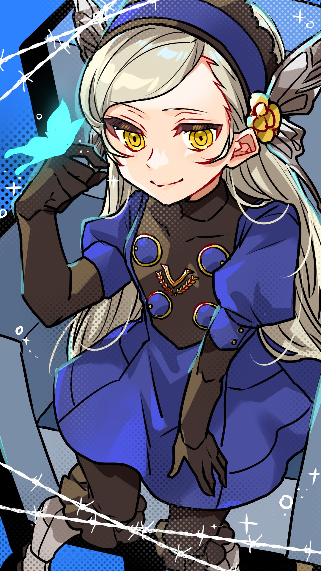 1girl, bangs, black_gloves, black_pantyhose, blue_butterfly, blue_dress, blue_hairband, boots, bug, butterfly, butterfly_hair_ornament, buttons, closed_mouth, commentary, dress, elbow_gloves, gloves, grey_hair, hair_ornament, hairband, highres, lavenza_(persona_5), long_hair, looking_at_viewer, maitakepasuta, pantyhose, persona, persona_5, puffy_sleeves, smile, solo, swept_bangs, very_long_hair, white_footwear, yellow_eyes