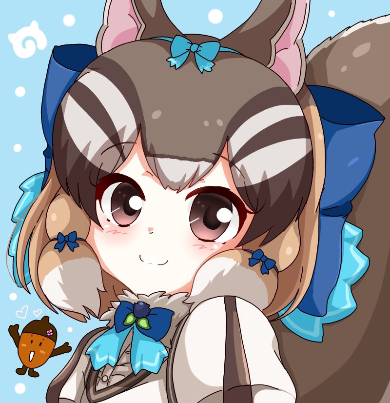 1girl, acorn, animal_costume, animal_ear_fluff, animal_ears, bow, bowtie, brown_eyes