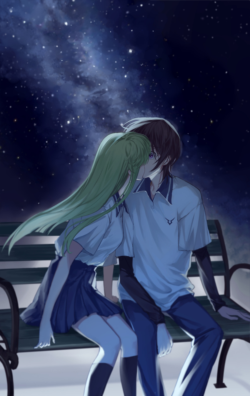 1boy, 1girl, absurdres, alternate_costume, bench, black_hair, black_socks, blue_pants