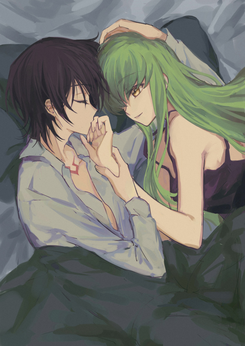 1boy, 1girl, absurdres, bed_sheet, black_hair, black_shirt, c.c., closed_eyes