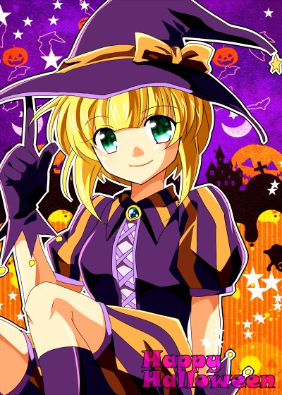 1girl, blonde_hair, breasts, closed_mouth, gloves, golden_sun, green_eyes, halloween