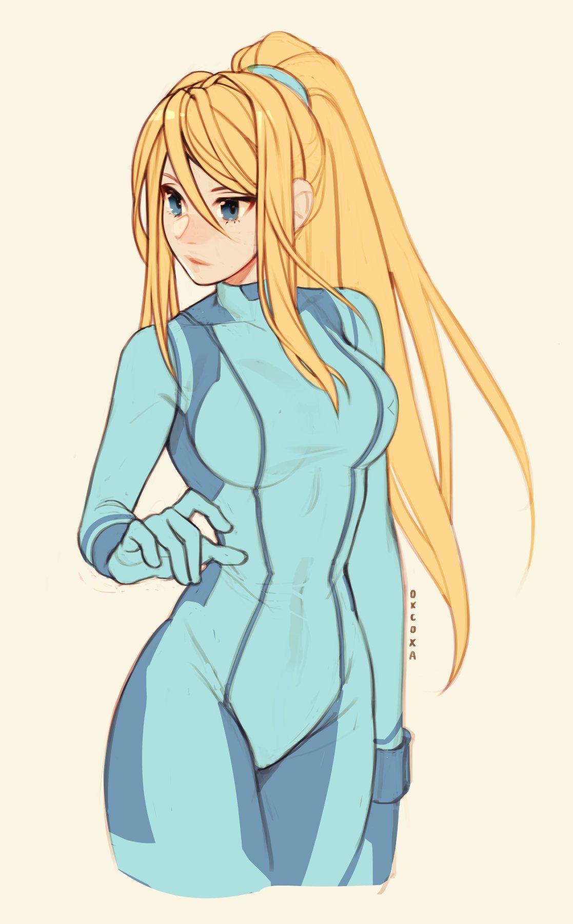 1girl, artist_name, bangs, blonde_hair, blue_bodysuit, blue_eyes, bodysuit, breasts