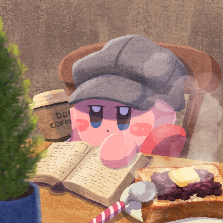 book, butter, coffee, coffee_cup, cup, disposable_cup, food, hat, highres, holding, holding_cup, kirby, kirby_(series), miclot, no_humans, plant, potted_plant, reading, restaurant, sitting, solo, steam, table, toast