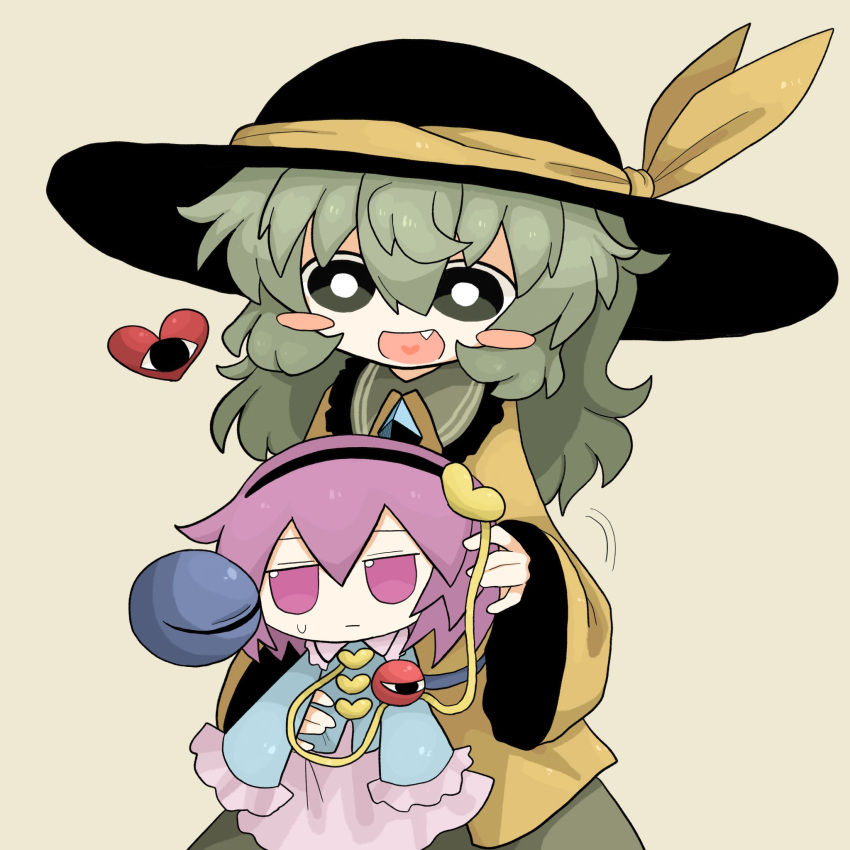 black_headwear, blue_shirt, blush, bright_pupils, buttons, diamond_(shape), diamond_button, fang, fang_out, fumo_(doll), green_hair, green_skirt, hair_ornament, hat, heart, heart_button, heart_hair_ornament, highres, komeiji_koishi, komeiji_satori, living_toy, long_sleeves, medium_hair, pink_eyes, pink_hair, pink_skirt, ribbon, serious, shirt, simple_background, skirt, stuffed_toy, sweat, sweatdrop, third_eye, touhou, white_pupils, yellow_ribbon, yellow_shirt, zunusama