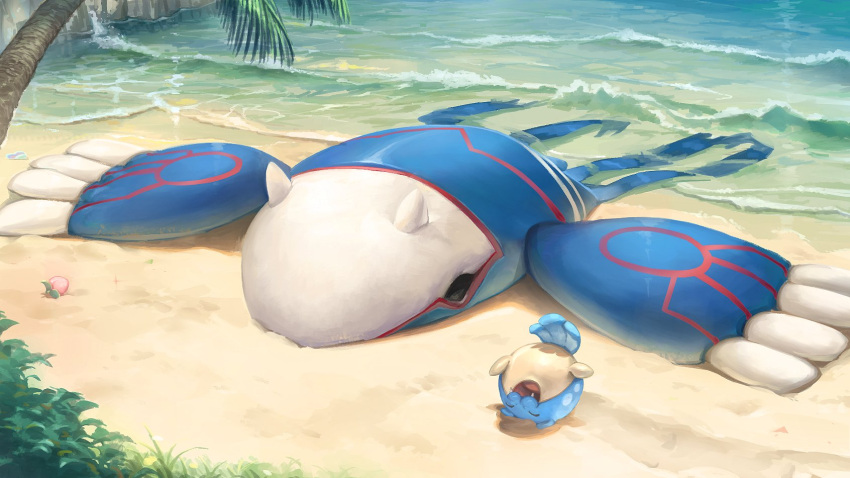 :d, ^_^, berry_(pokemon), closed_eyes, commentary_request, day, fangs, highres, jigumo_(6zzyag), kyogre, lying, no_humans, on_back, open_mouth, outdoors, palm_tree, pokemon, pokemon_(creature), sand, shore, smile, spheal, tongue, tree, water
