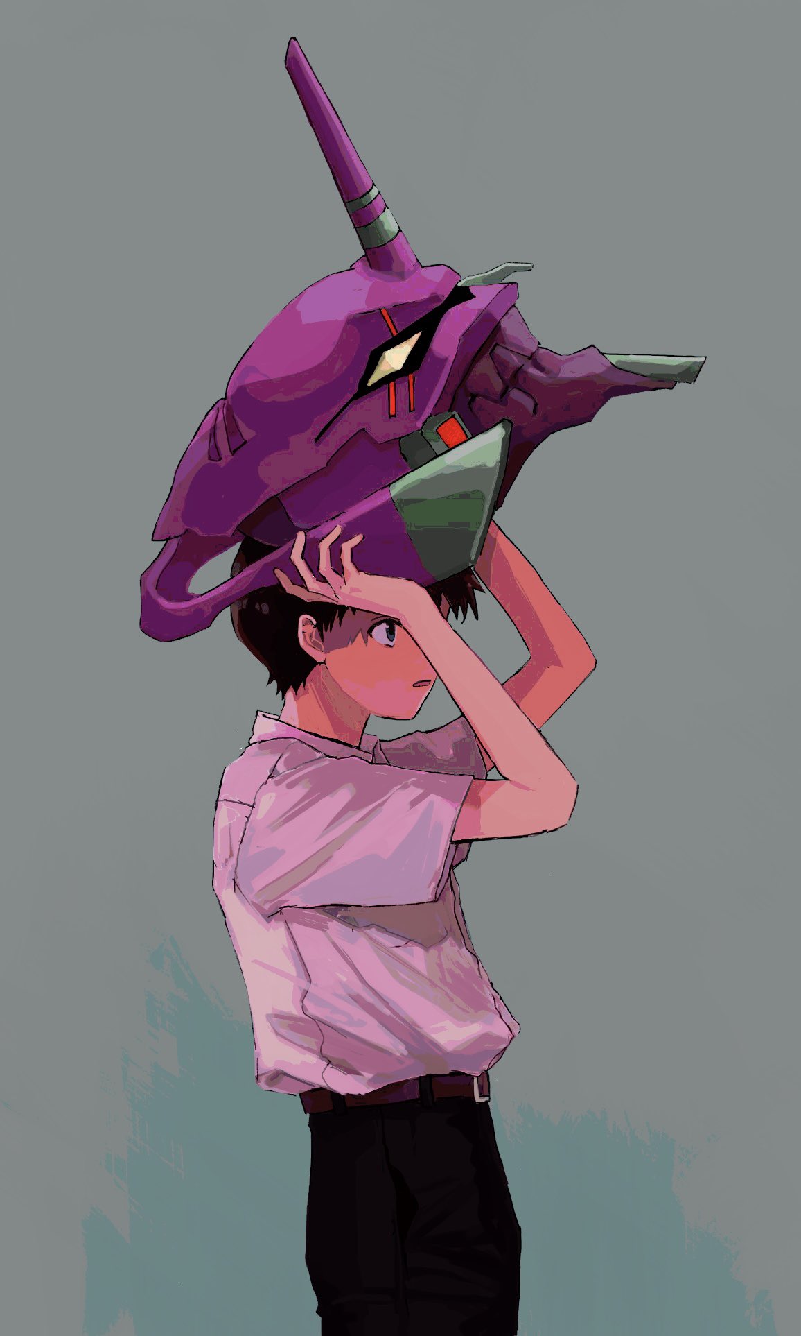 1boy, a12740807, belt, black_pants, brown_belt, eva_01, helmet, highres