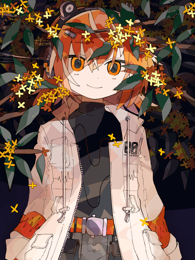 1girl, a.i._voice, adachi_rei, bangs, belt, belt_pouch, black_hairband, black_shirt, branch, camera_lens, closed_mouth, computer_chip, cowboy_shot, crossed_bangs, dark_background, empty_eyes, falling_petals, flower, fukomo, grey_skirt, hair_between_eyes, hair_ornament, hairband, hairclip, headlamp, headphones, jacket, leaf, long_sleeves, looking_at_viewer, multicolored_hair, open_clothes, open_jacket, orange_eyes, orange_hair, parka, petals, pleated_skirt, pouch, radio_antenna, shadow, shirt, signature, skirt, smile, solo, sound_wave, standing, streaked_hair, symbol-shaped_pupils, turtleneck, utau, utility_belt, white_hair, white_jacket, yellow_flower