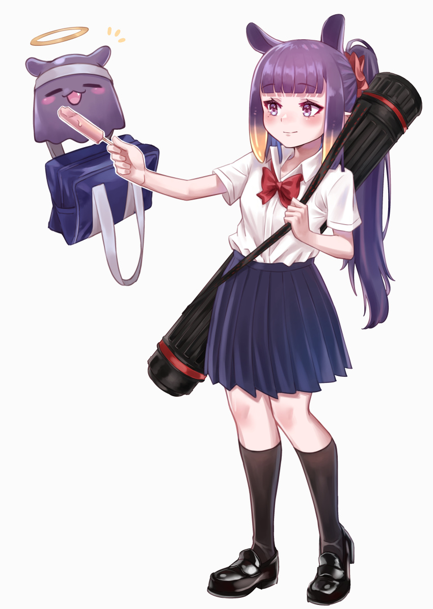 1girl, absurdres, alternate_hairstyle, animal_ears, bangs, black_footwear, blue_skirt, blunt_bangs