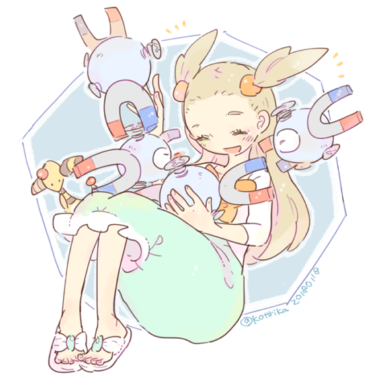 1girl, 2018, :d, ^_^, ampharos, aqua_dress, bow, closed_eyes