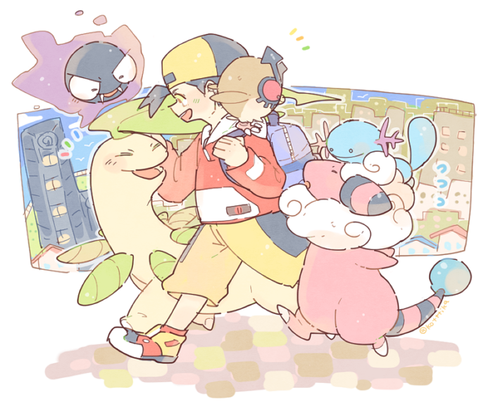 1boy, :d, backpack, backwards_hat, bag, baseball_cap, bayleef, black_footwear, black_hair, black_headwear, black_shorts, blue_bag, brown_eyes, building, cargo_shorts, ethan_(pokemon), flaaffy, flying_sweatdrops, gastly, goldenrod_city, goldenrod_radio_tower, hat, hoothoot, katiko, long_sleeves, multicolored_footwear, on_shoulder, open_mouth, pokemon, pokemon_(creature), pokemon_(game), pokemon_gsc, pokemon_on_shoulder, radio_tower, red_footwear, running, short_hair, shorts, smile, teeth, twitter_username, two-tone_headwear, two-tone_shorts, white_footwear, wooper, yellow_footwear, yellow_headwear, yellow_shorts